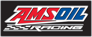AMSOIL Racing logo with bold red, white, and blue text and checkered flag design on a black background.