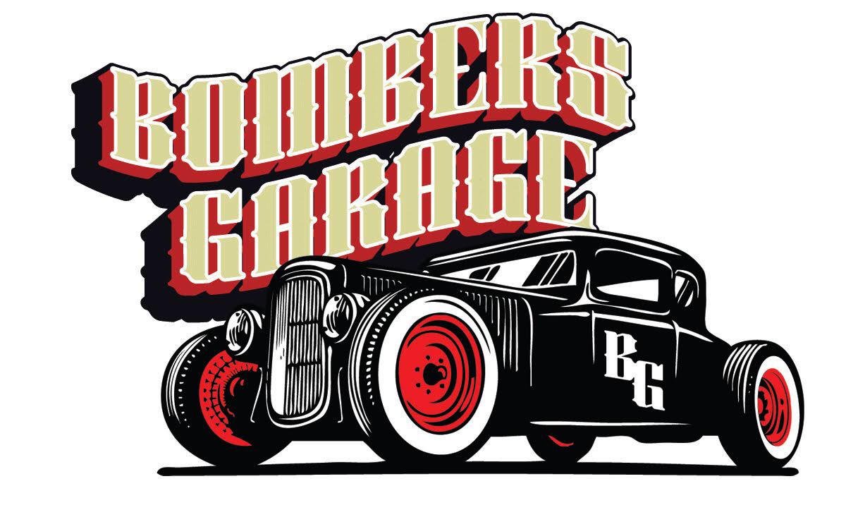 Bomber-style logo with a vintage black hot rod and bold red lettering.
