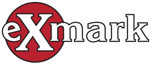Exmark logo with white text outlined in black on a red circle.