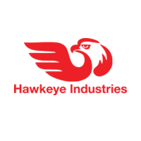 Red hawk logo with outstretched wing above "Hawkeye Industries" in matching red text.