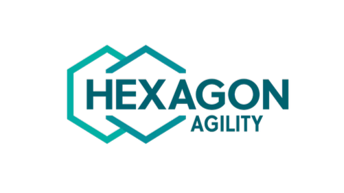 Hexagon Agility logo with teal hexagons and text.