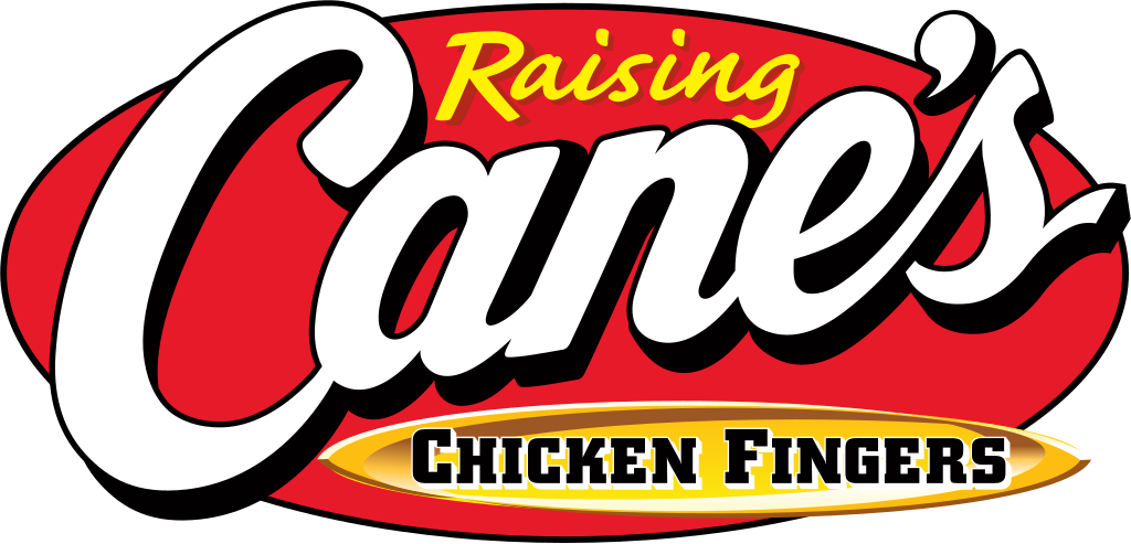 Raising Cane's logo with bold white text and yellow banner on a red oval background.