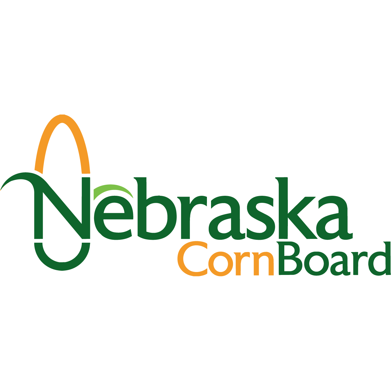 Nebraska Corn Board logo featuring green text and an orange corn silhouette.