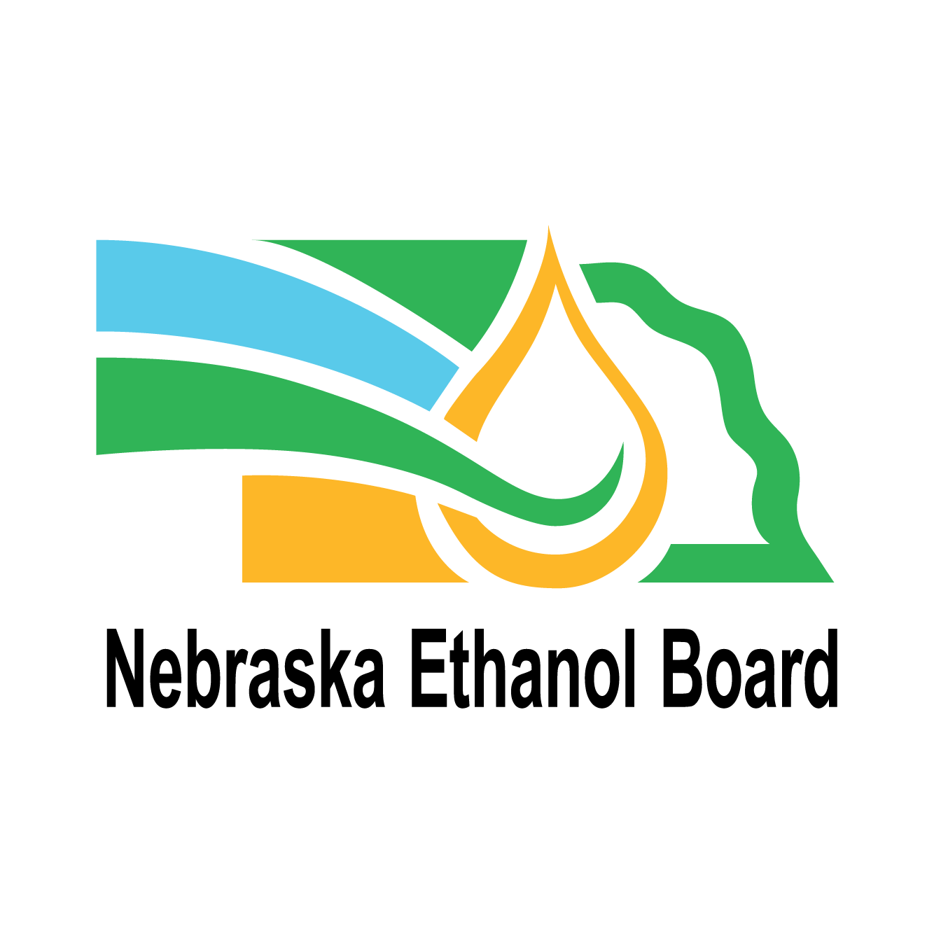Yellow drop, green swoosh, blue line forming abstract Nebraska state shape.