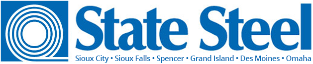 State Steel logo with spiral icon and text listing cities: Sioux City, Sioux Falls, Spencer, Grand Island, Des Moines, Omaha.
