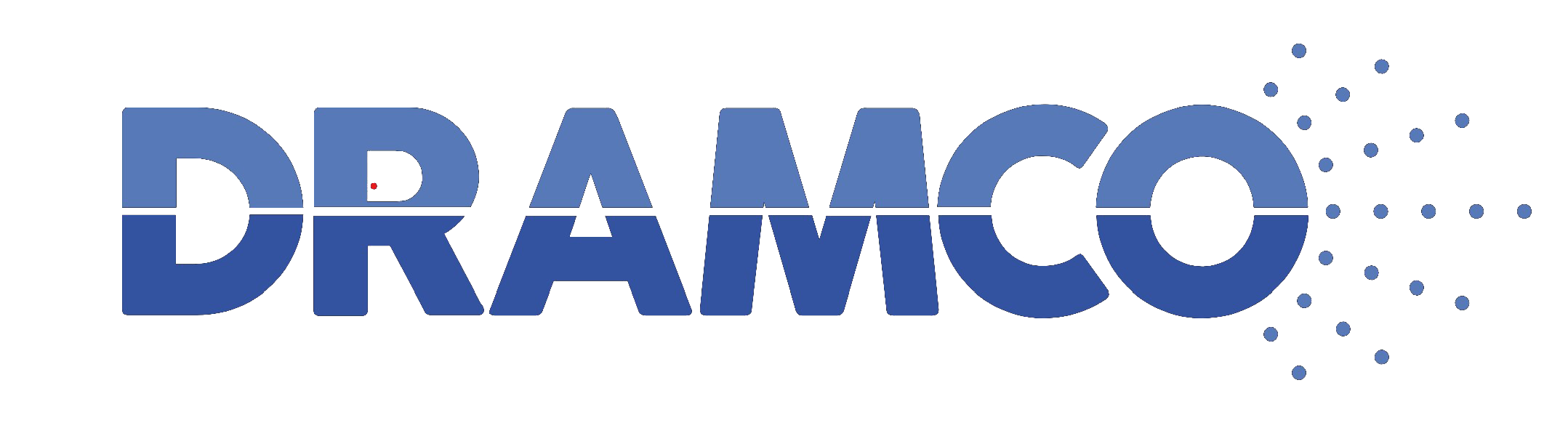 DRAMCO logo with blue text and a dotted gradient design on the right.