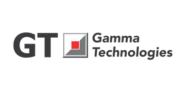GT Gamma Technologies logo with gray text and a red square in a gray outlined box.