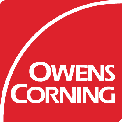 Owens Corning logo with black text on a red background and a curved line.