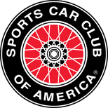 Sports Car Club of America logo with red wheel design and white text on a black circle.