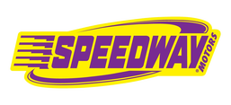 Speedway Motors logo with bold purple text and yellow background.