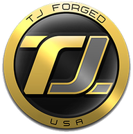 TJ Forged USA logo with gold accents on a black circular background.