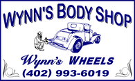 Wynn's Body Shop logo with vintage car and mechanic illustration.